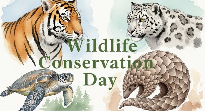 Celebrate wildlife conservation day with this beautiful tiger, snow leopard, turtle, and pangolin watercolor artwork, perfect for nature lovers and conservationists