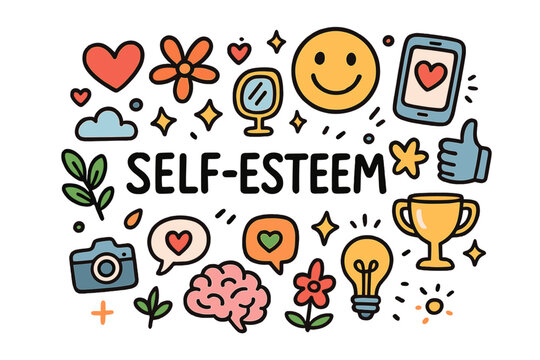 Self-Esteem Doodle Art. Self-esteem and likes. Hand-drawn doodle illustration of self-esteem and likes. Heart