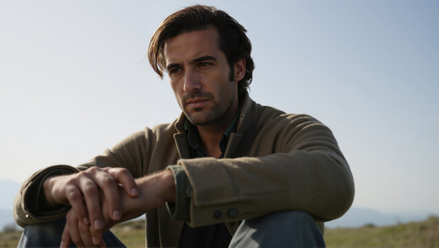 Pensive man sitting outdoors in a rural landscape. Thoughtful male portrait with a serious expression. Solitude and contemplation concept.
