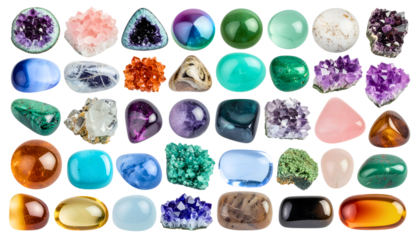 Assorted polished gemstones on white background