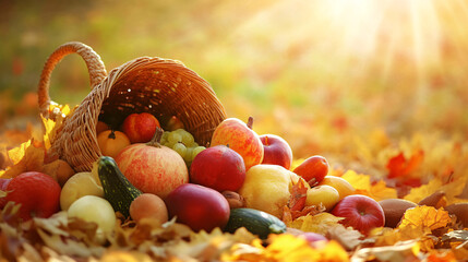 Abundant harvest basket overflows with vibrant autumn fruits and vegetables on golden leaves