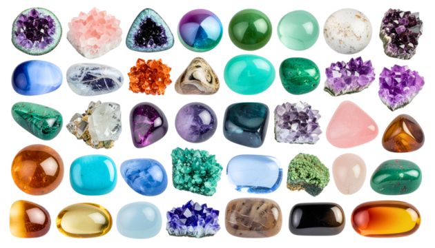 Assorted polished gemstones on white background