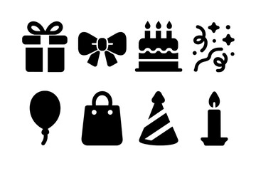 Birthday Icons Set. Birthday Gifts. Filled icon set of Birthday Gifts: birthday box, ribbon bow, cake,