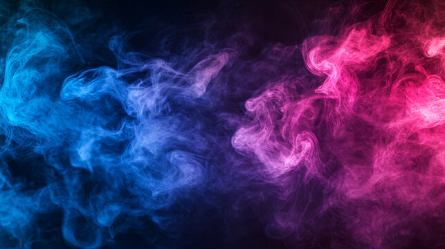 Vibrant blue and pink smoke swirls dance dynamically in dark abstract background