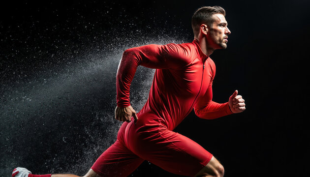 Fit man in red sportswear sprints hard, water droplets fly. Athlete runs fast, showing power and determination. Intense focus on fitness training and competition.