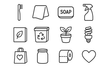 Eco Home Icons. Eco home essentials. Line outline icon set of eco home essentials: bamboo brush, cloth towel,