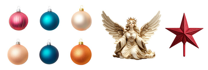 Obraz premium Assorted colorful Christmas baubles, golden angel figurine, and red star tree topper on white background, concept of festive decor.