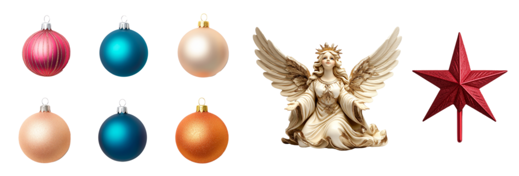 Assorted colorful Christmas baubles, golden angel figurine, and red star tree topper on white background, concept of festive decor.