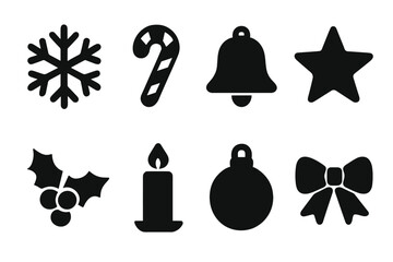 Festive Icon Set. Festive Symbols. Filled icon set of Festive Symbols: snowflake, candy cane, bell, star,