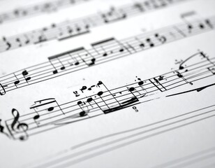 Naklejka premium Close-up of musical notation on paper, featuring treble clef and various notes & symbols