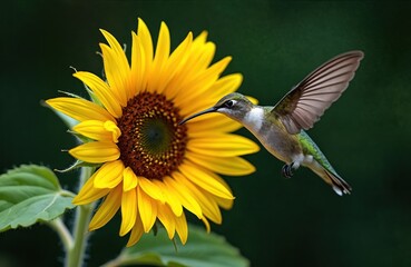 Obraz premium Hummingbird approaches sunflower. The bird hovers near the bright yellow petals. The photo focuses on summer wildlife. The image shows avian nature with beautiful colors.