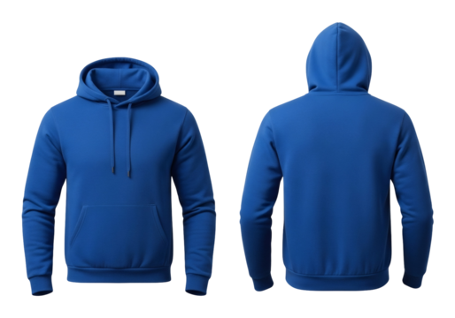  Royal blue pullover hoodie apparel front and back view for branding and design mockup template isolated on transparent background
