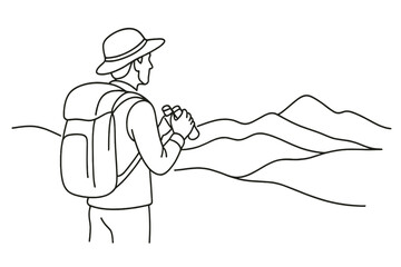Obraz premium Minimalist Mountain Trek. Mountain Trek. Minimalistic one-line drawing hiker looking over distant hills while
