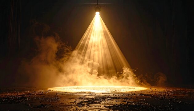 A dramatic scene, a single spotlight illuminates a smoky stage creating an ethereal glow from above. The floor reflects the light