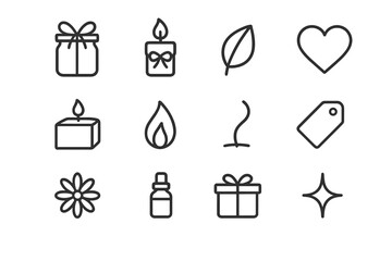 Candle Gift Icons. Candle gifting ideas. Line outline icon set of candle gifting ideas: wrapped jar, ribbon,