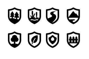 Habitat Protection Icons. Habitat Protection. Filled icon set of Habitat Protection: forest, wetland, river,