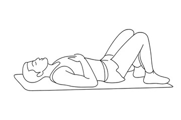 Mindful Breathing Recovery. Recovery. Minimalistic one-line drawing athlete lying on mat practicing mindful