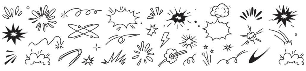 Line speed cartoon effect, boom explosive motion line element set. Comic boom burst, explosive smoke, line speed cartoon vector icon. Hand drawn sketch doodle action effect. Vector illustration