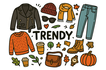 Trendy Outfit Doodle. Trendy outfit. Hand-drawn doodle illustration of a trendy outfit. Leather jacket, boots,