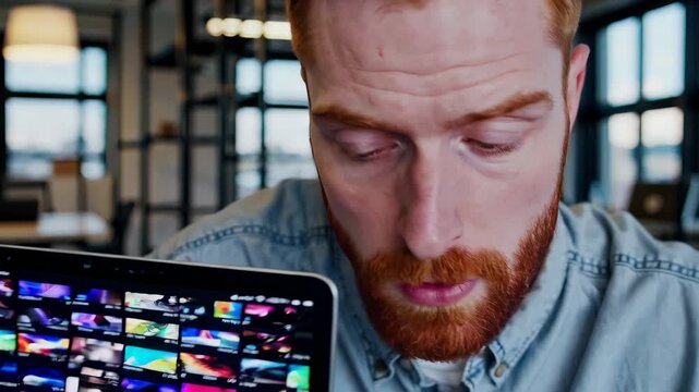 Man shows reaction to tablet screen. Surprised expression as thumbnail shows video. Close laptop display shows content. Office interior with window and desk. Digital browsing and discovery captured.