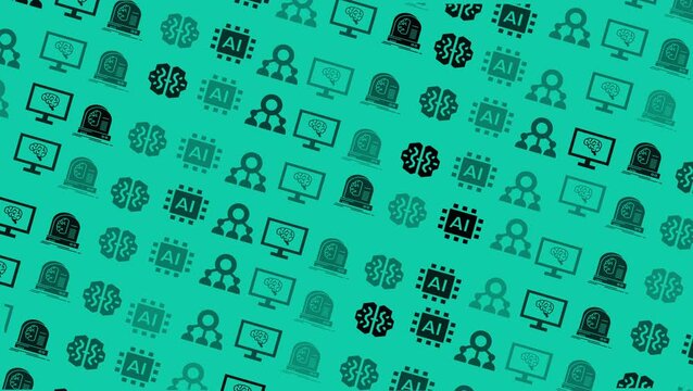 Seamless looping pattern animation featuring AI icons, computer monitors, brain symbols, and neural network graphics on turquoise background. Modern futuristic tech design.