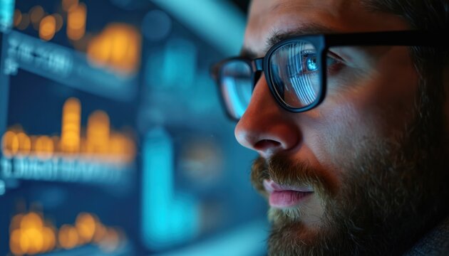 Man with glasses studies digital charts on screen. Data analyst views financial graphs, market trends, statistics. Person works with complex information, analyzes numbers, forecasts future data.