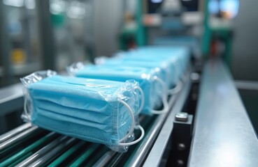 Blue medical face masks packaged on automated assembly line. Sterile surgical masks move on conveyor belt in modern factory. Production of protective masks for health industry. Automated tech for