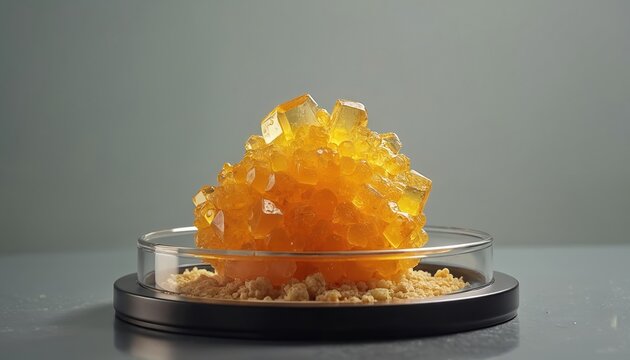 Golden cannabis wax diamonds sit in clear glass container on crumbs. Yellow marijuana extract concentrate rests on black stand against grey background. Legal medical, recreational product for patient