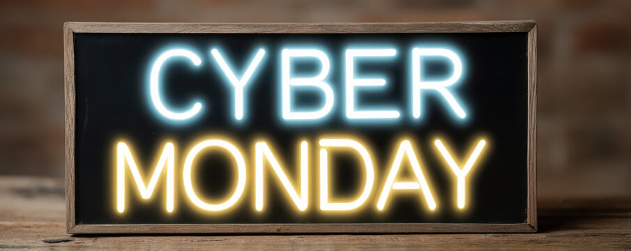 Glowing cyber monday sale neon sign for shopping discount and promotion