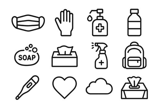 Commuter Health Icons. Commuter health precautions. Line outline icon set of commuter health precautions: face