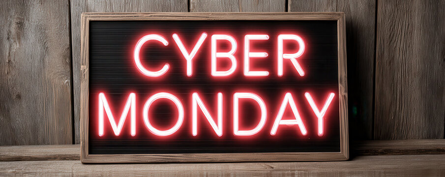 Promotional Cyber Monday red neon sign glowing for shop sale event