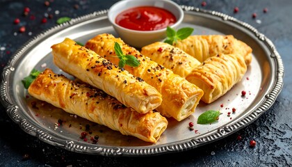 Close-up of golden, baked pastry rolls with red sauce on a decorative silver platter