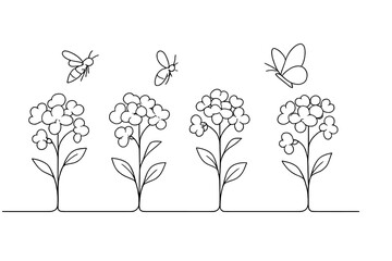 Minimalist Pollination Art. Agricultural Pollination. Minimalistic one-line drawing row of flowering crops
