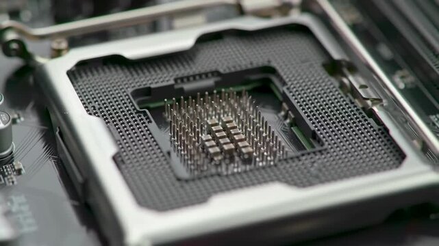CPU socket pins on a motherboard, closeup showing design, assembly and component connection detail
