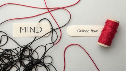 Tangled black and red threads with word tags on a gray surface