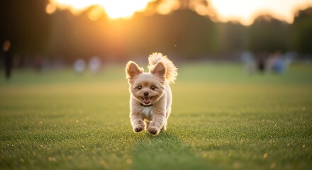 Dog Running on Grass at Sunset Happy Pet Enjoying Outdoors