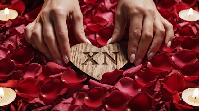 Romantic Gesture Hands Holding Wooden Heart with XN Amidst Rose Petals and Candles.