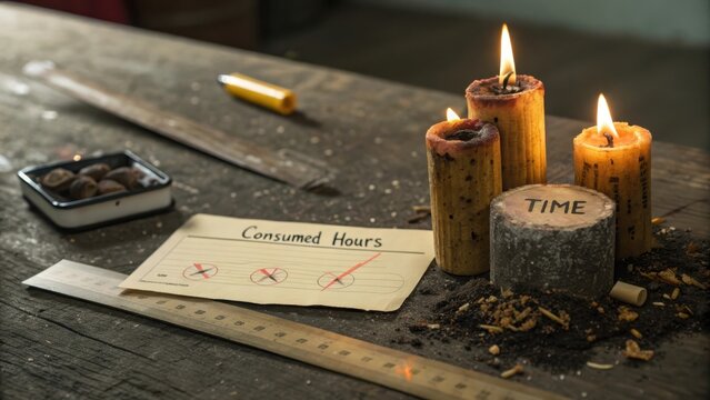 Two Burning Candles and a Document on a Wooden Desk