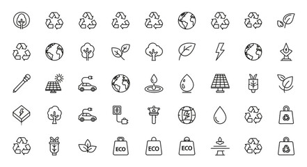 Obraz premium ai generative A modern vector icon sheet with 50 eco and environmental icons in flat outline style. Includes recycle, renewable energy