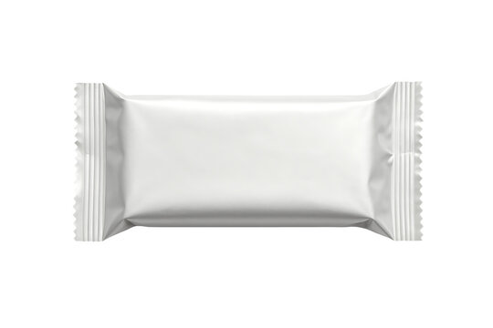 A blank, plain white foil or plastic packaging wrapper for a candy or protein bar, snack, or small food item, isolated on transparent background