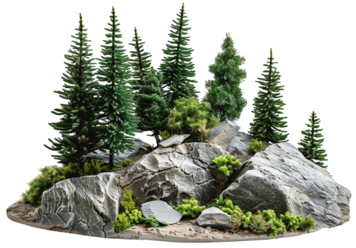 Rock surrounded by fir trees. Garden design isolated on white background png transparent clipart.