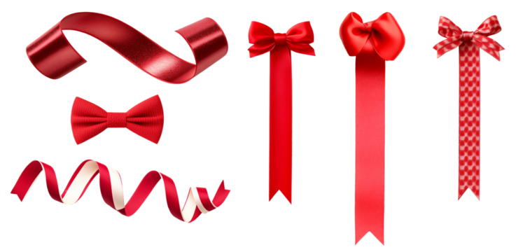 Various red satin and fabric bows and ribbons in different shapes and textures isolated on white background, concept of festive or holiday decor