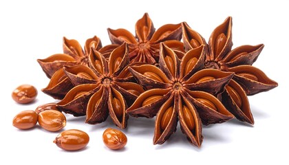 Close-up of star anise spice pods and seeds on a white backdrop, studio shot