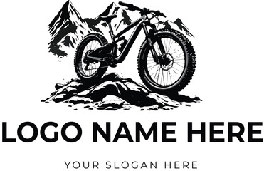 Mountain bike logo vector with rugged terrain and peaks for adventure branding, cycling gear, outdoor sports, or trail design