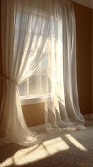 Sunlight streaming through sheer lace curtains in a bedroom