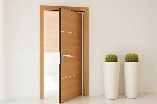 A modern wooden interior door slightly open featuring horizontal metal accents and adjacent potted round cacti.