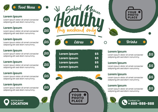 Restaurant menu template with healthy salad menu, salad and other menu items