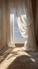 Sunlight streaming through sheer curtains onto a textured floor