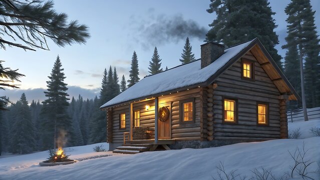 A cozy log cabin nestled in a snowy winter landscape, with a warm fire burning nearby and the soft glow of lights emanating from the windows at dusk
