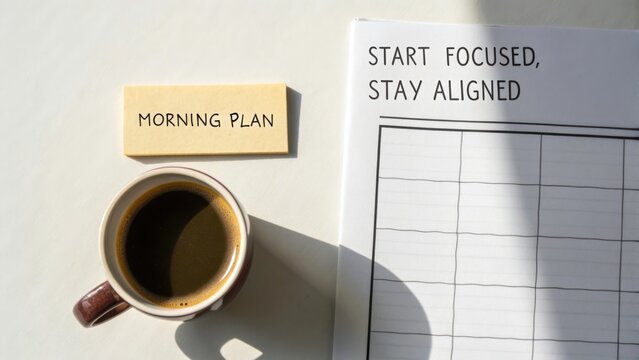 Morning productivity planning with coffee cup and motivational notebook for effective time management and daily organization
